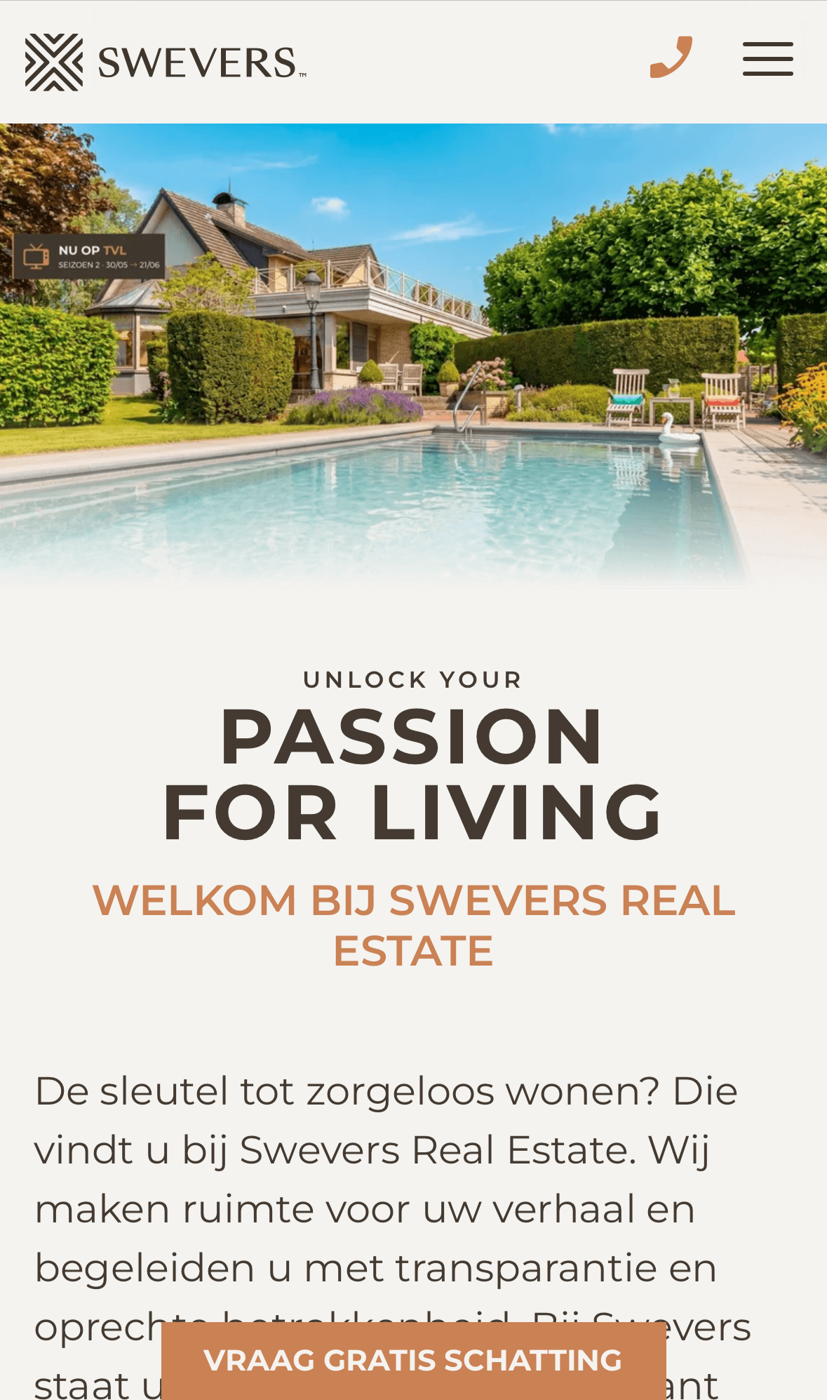 Mobiele weergave van de website van Swevers Vastgoed